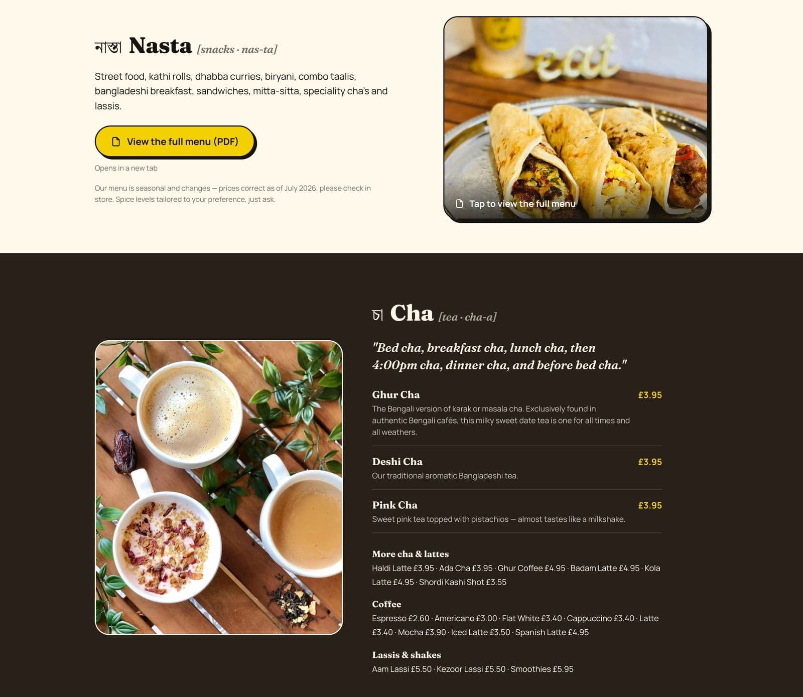 The Cha & Nasta menu sections: Nasta street food with a photo of wraps and a View the full menu button, then the Cha tea menu with prices beside a photo of cups of cha.