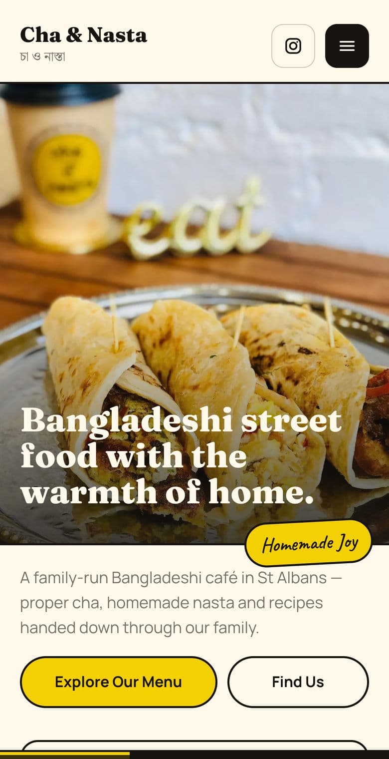The same Cha & Nasta site on a phone, with an Explore Our Menu button and a bottom bar for Home, Menu and Find Us.