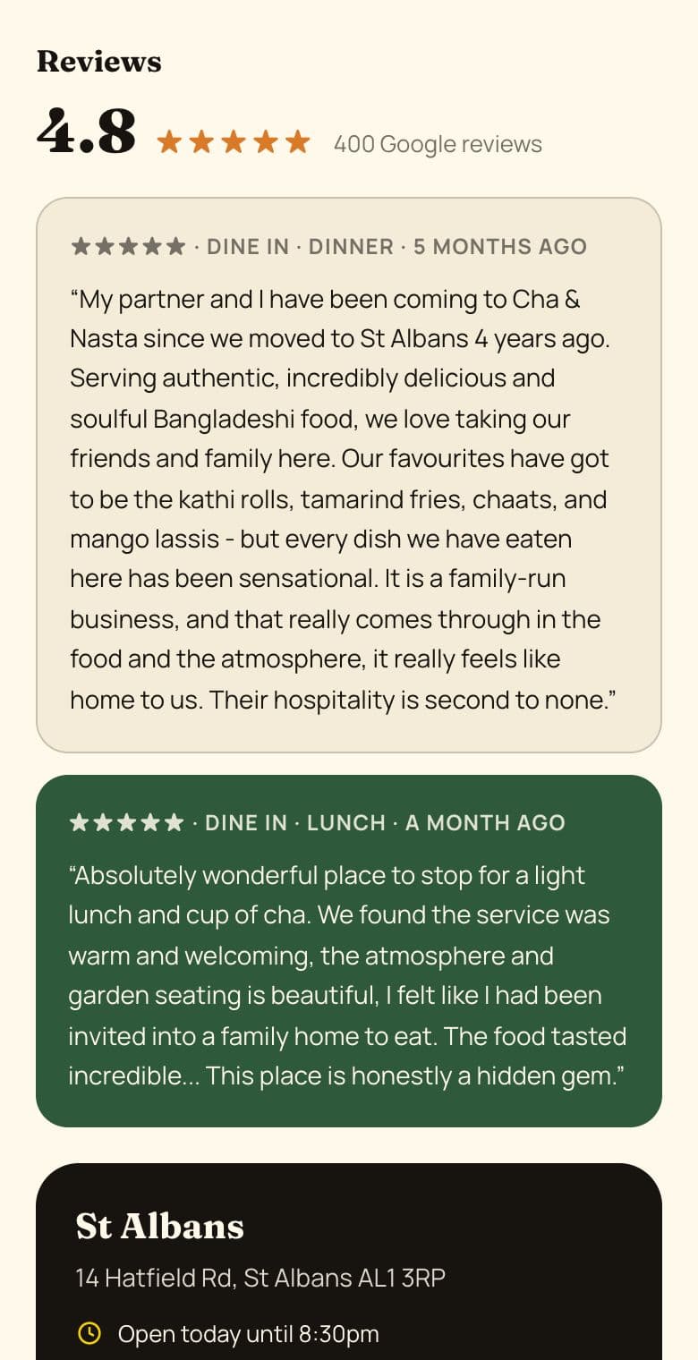 Cha & Nasta reviews on a phone: a 4.8 star rating from 400 Google reviews, with two customer reviews below.