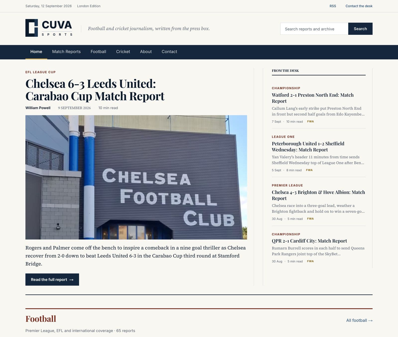 CuvaSports homepage: a Chelsea 6–3 Leeds United match report with a photo of Chelsea Football Club, a column of recent reports, and the start of the Football section.